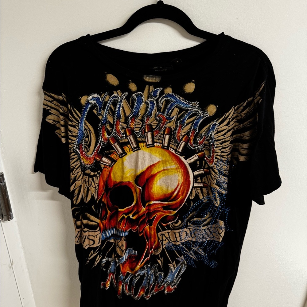 Black Christian Audigier Graphic Skull Crew Neck T-Shirt
